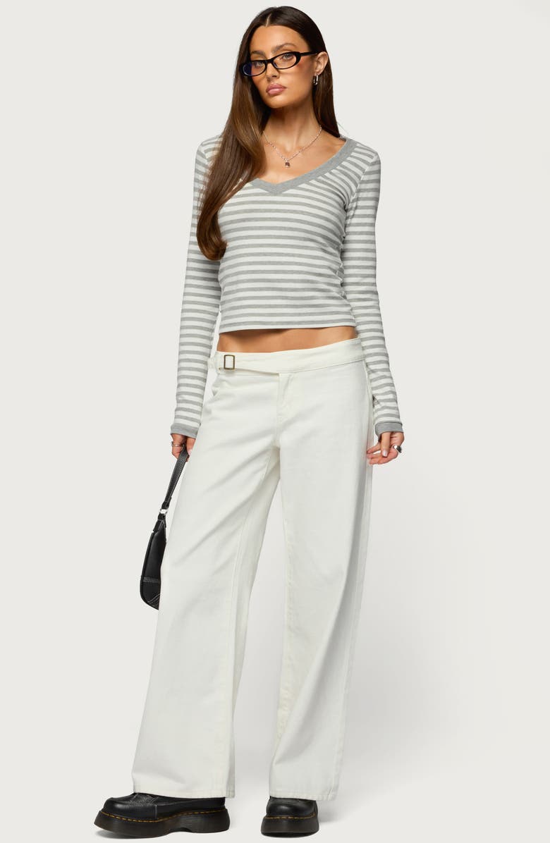 EDIKTED Kimi Stripe V-Neck Long Sleeve Crop Top, Alternate, color, Gray-And-White