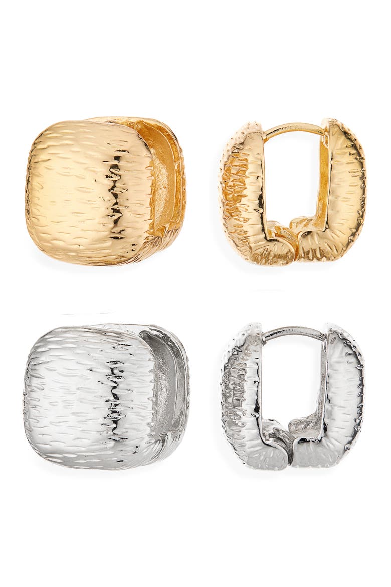 Set of 2 Textured Huggie Hoop Earrings, Main, color, GOLD/ SILVER