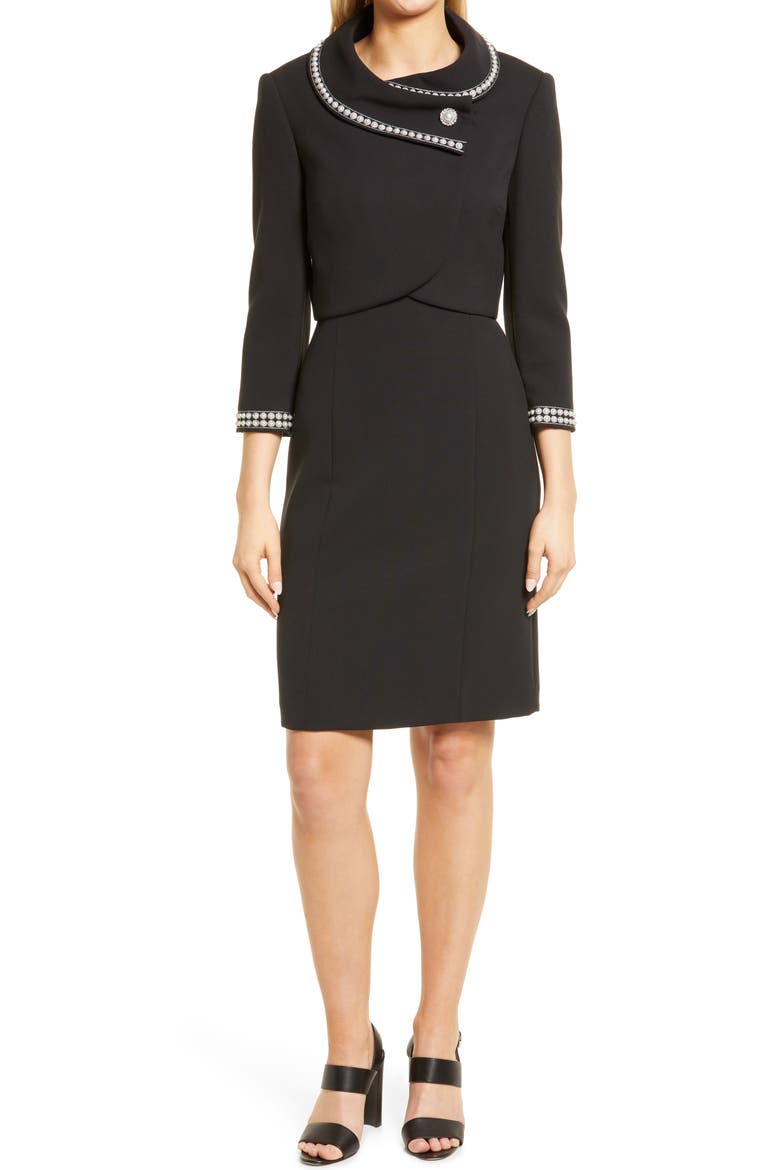 Nested Wrap Jacket & Sheath Dress, Main, color, BLACK