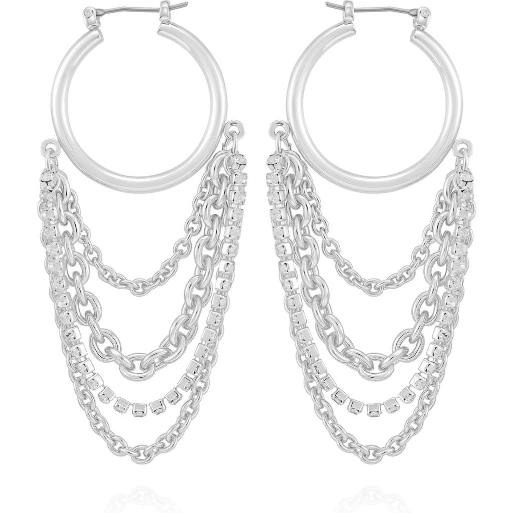 Guess Linear Chain Drop Hoop Earrings In Silver