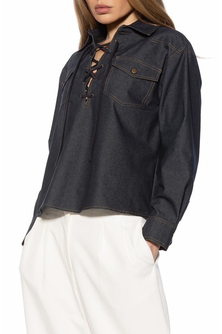 Thalina Lace-Up Western Shirt, Alternate, color, DARK DENIM