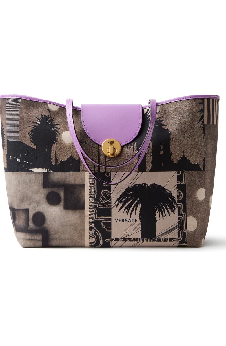Versace Large Sunset Canvas & Leather Tote, Main, color, Sepia Lilac Gold