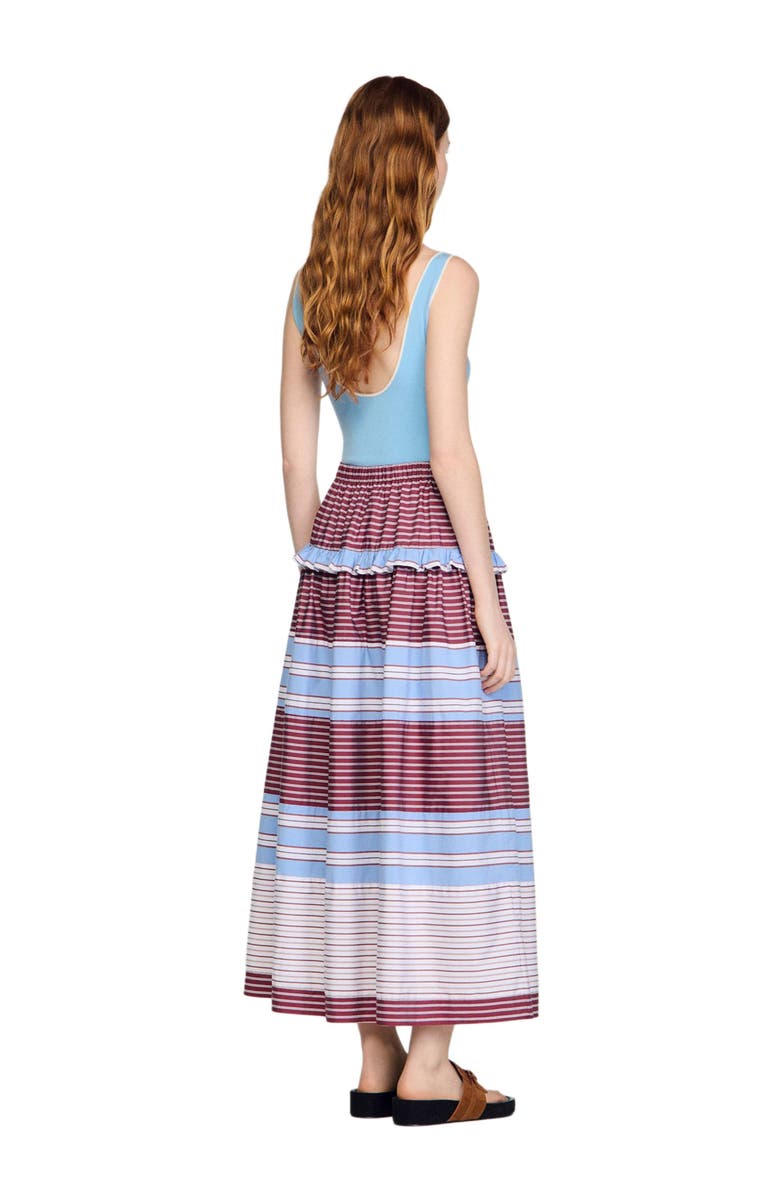 SANDRO Long striped cotton skirt, Alternate, color, Burgundy / White