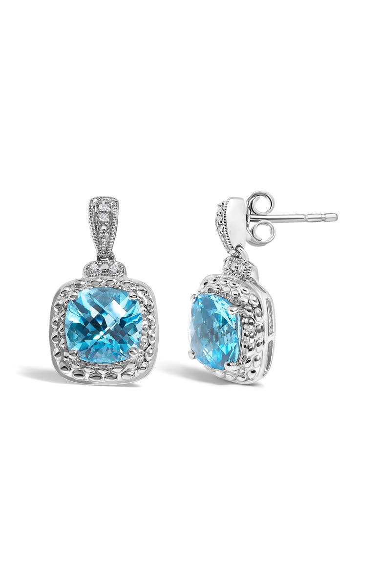 Sterling Silver 8x8mm Cushion Cut Blue Topaz and Diamond Accent Drop Earrings, Alternate, color, Silver