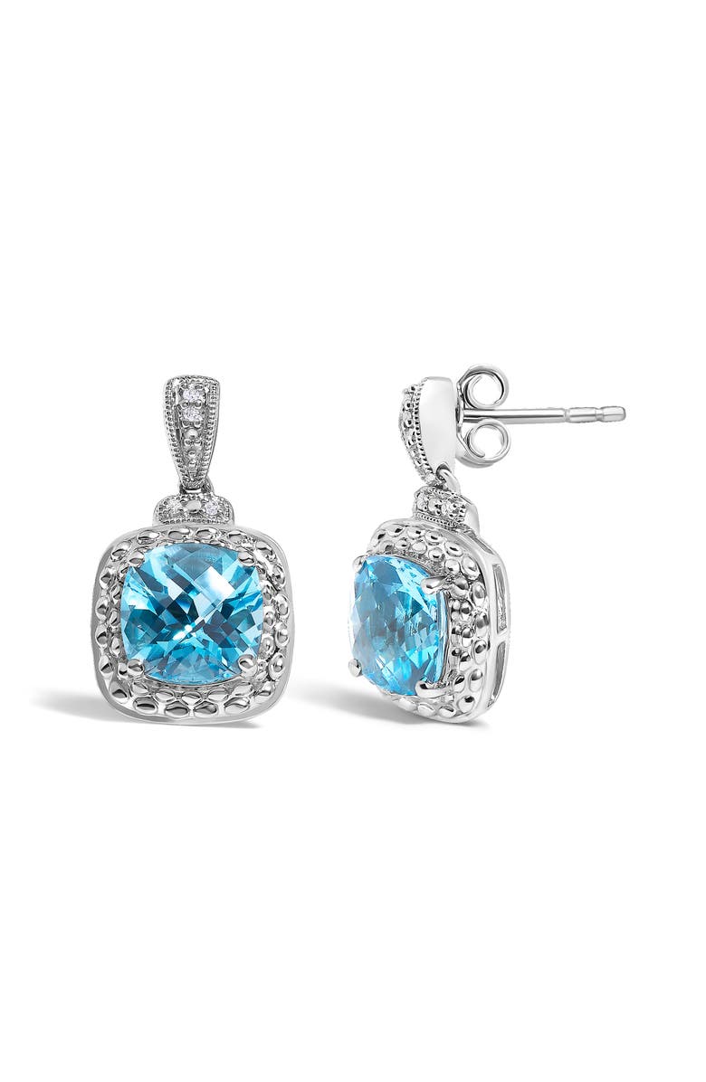 Haus of Brilliance Sterling Silver 8x8mm Cushion Cut Blue Topaz and Diamond Accent Drop Earrings, Alternate, color, Silver