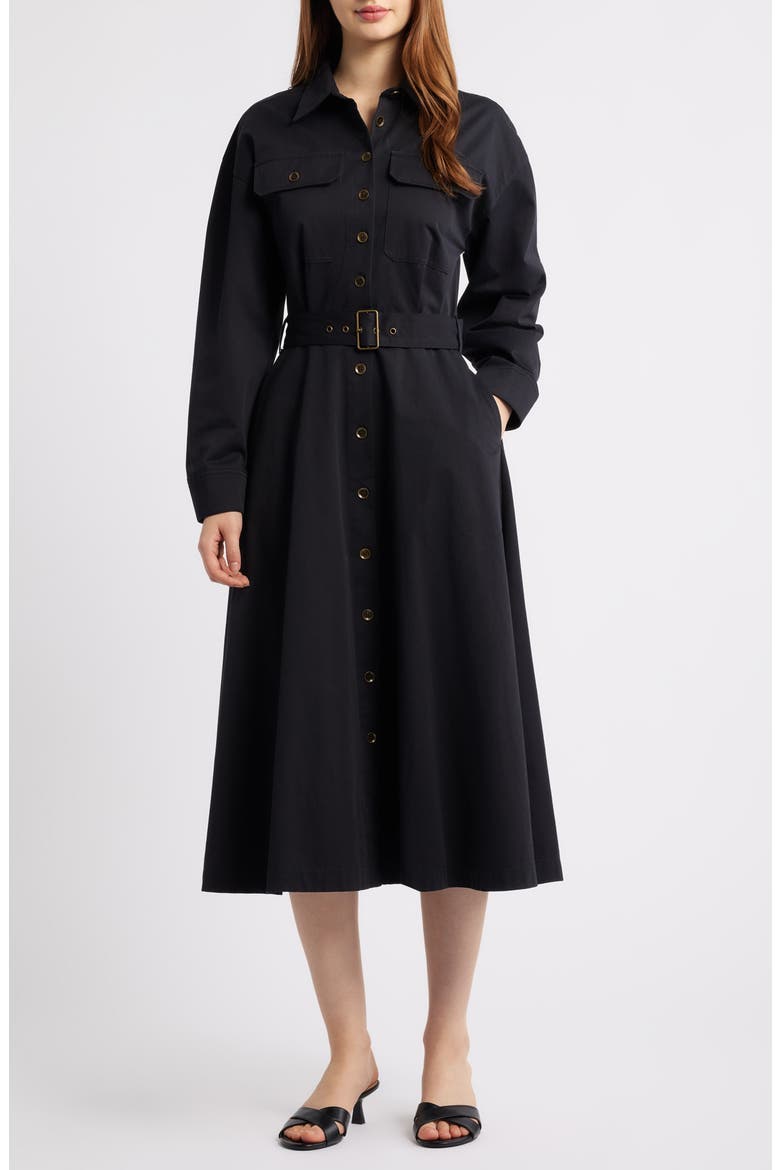 Belted Long Sleeve Shirtdress, Main, color, BLACK