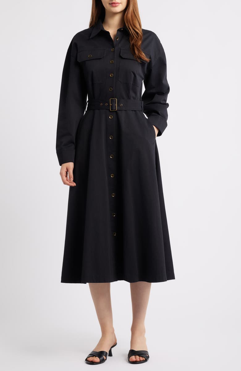 FREEMARKET Belted Long Sleeve Shirtdress, Main, color, Black