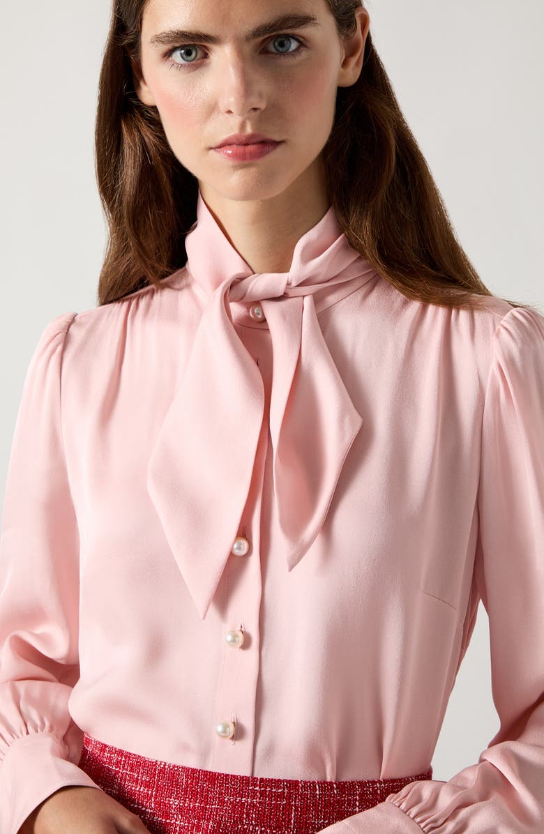 LK Bennett Hall Tie Neck Crepe Button-Up Shirt, Alternate, color,