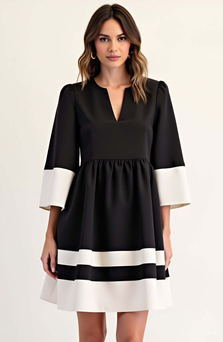 Modenaire Fit-and-Flare Contrast Trim V-Neck Cuffed Sleeve Mini Dress, Alternate, color, Black / White