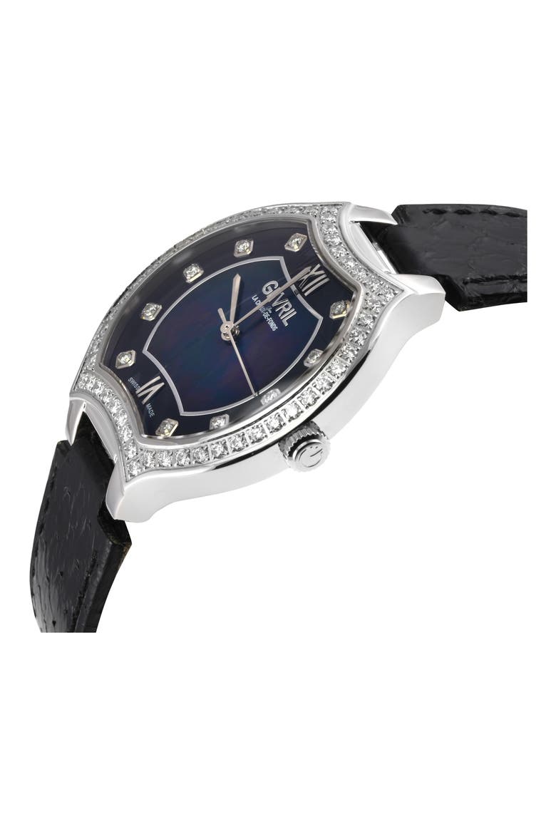 Lugano Diamond Croc Embossed Leather Strap Watch, 38mm, Alternate, color, BLACK