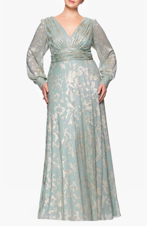 Betsy & Adam Foiled Gown In Sage/gold