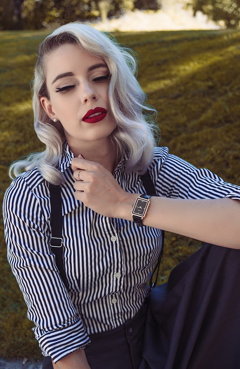 BALMAIN WATCHES Eirini Leather Strap Watch, 25mm x 33mm, Alternate, color, Black