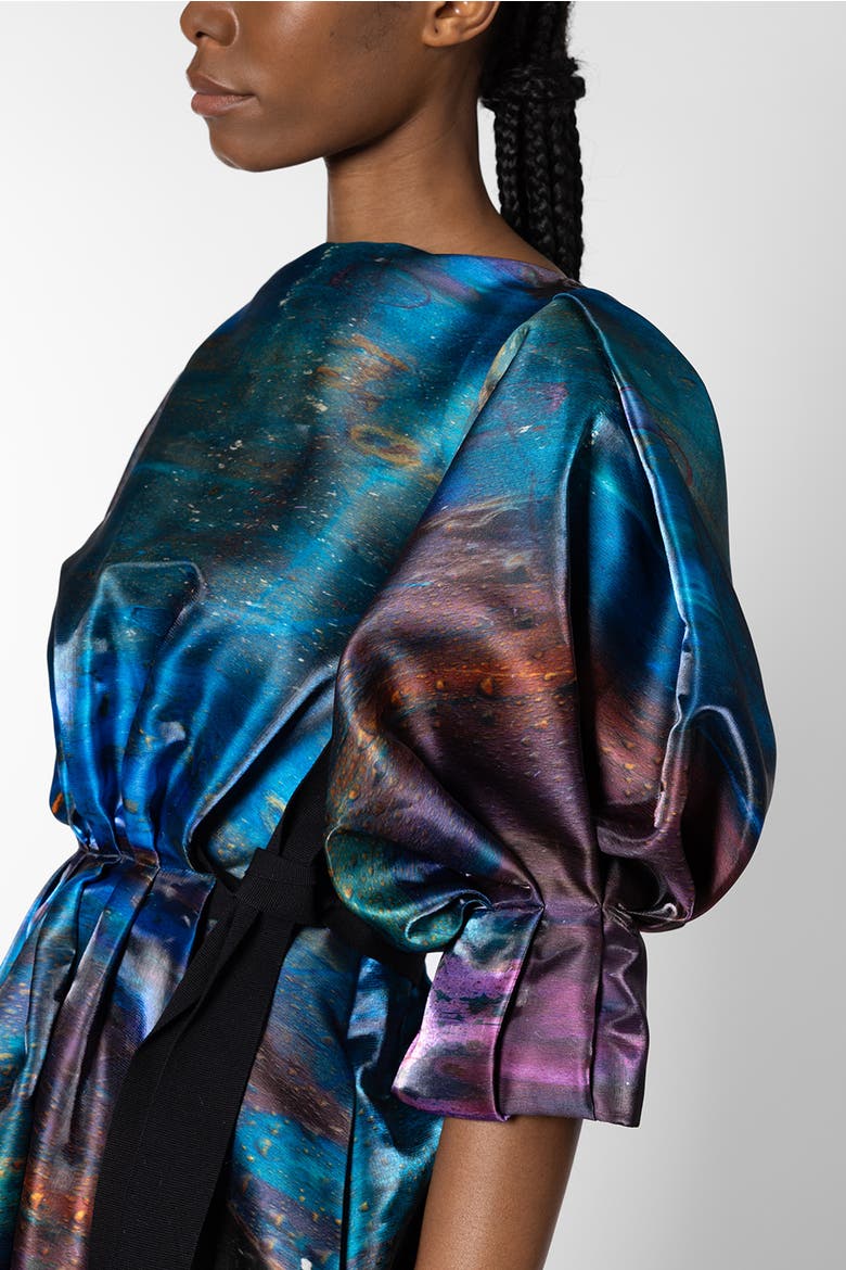 Zinnia Printed Puff Sleeve Dress, Alternate, color, Azure / Cassis