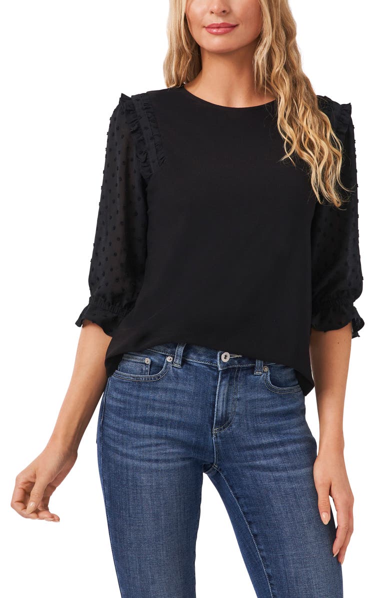 CeCe Ruffle Clip Sleeve Mixed Media Top, Main, color, 