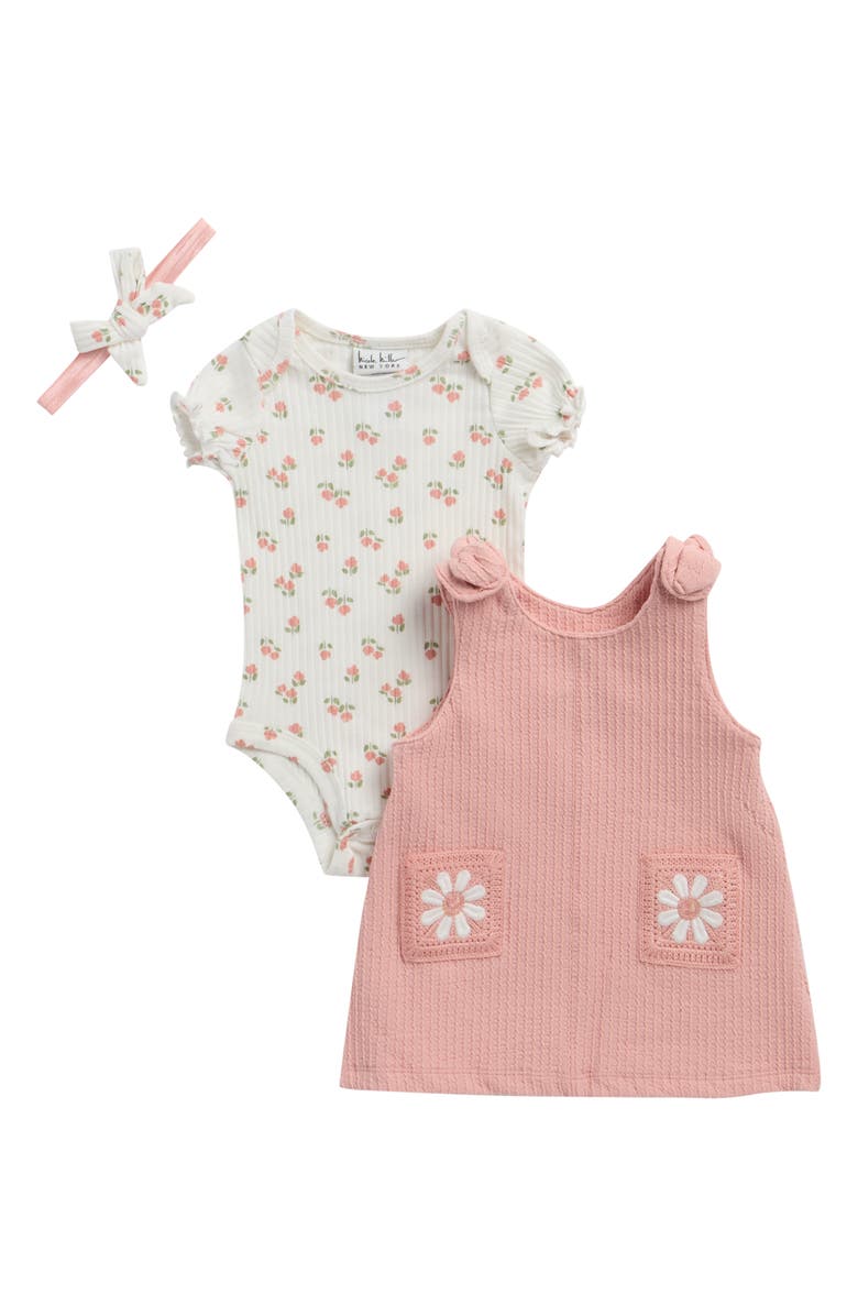 Nicole Miller Floral Bodysuit, Jumper & Headband Set, Main, color, Mellow Rose