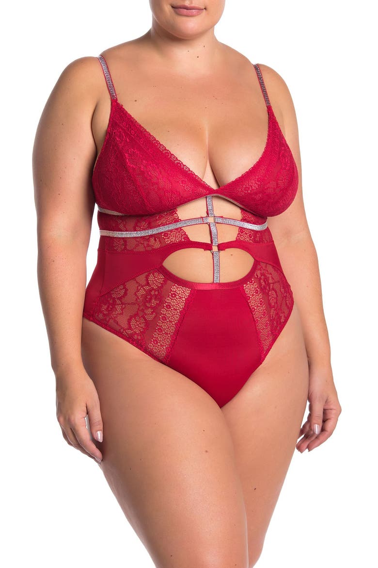 Lace Front Cutout Thong Bodysuit, Main, color, TANGO RED