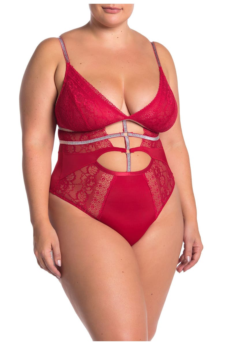 SECRET LACE Lace Front Cutout Thong Bodysuit, Main, color, Tango Red