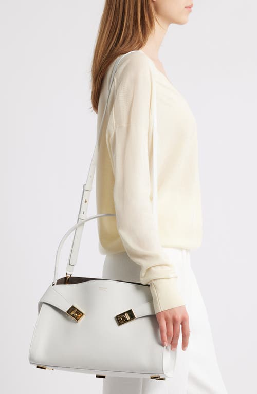 Shop Ferragamo Small Hug Leather Top Handle Bag In Optic White/concrete