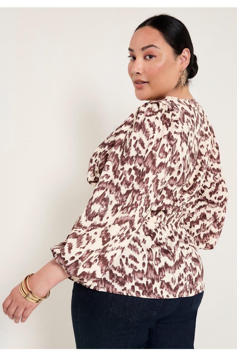 Puff-Sleeve Peplum Blouse, Alternate, color, BOTANICAL TEXTURE CHOCOLATE