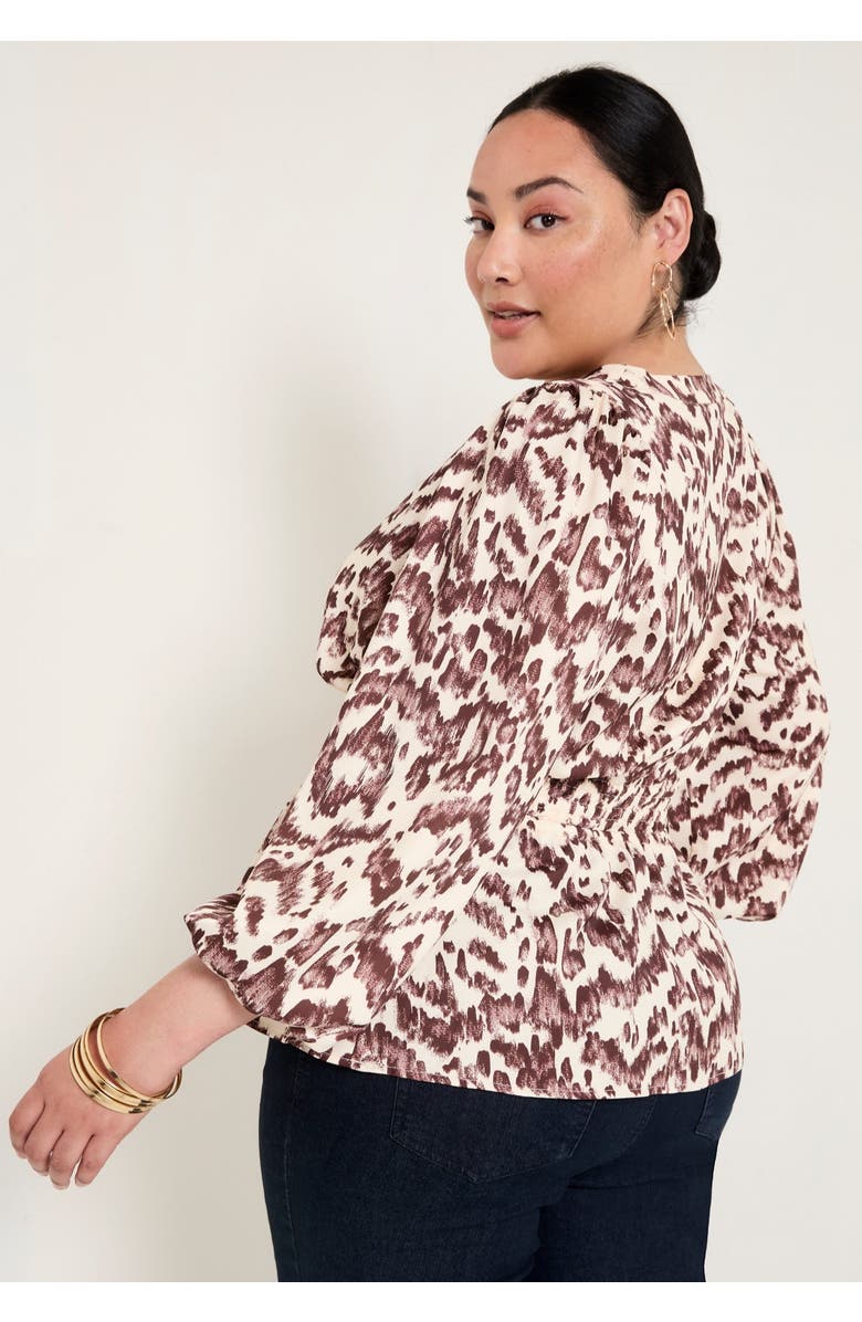 June + Vie Puff-Sleeve Peplum Blouse, Alternate, color, Botanical Texture Chocolate