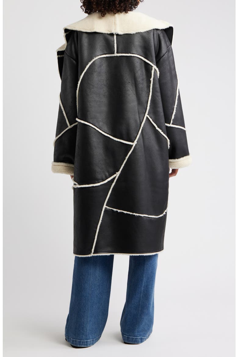 Emberlynn Oversize Faux Leather & LuxeFluff Long Coat, Alternate, color, BLACK