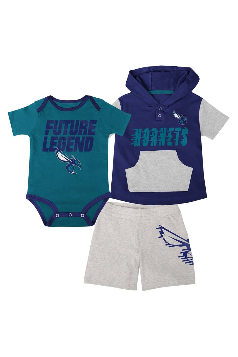Infant Teal/Purple/Gray Charlotte Hornets Bank Shot Bodysuit, Hoodie T-Shirt & Shorts Set, Main, color, Teal