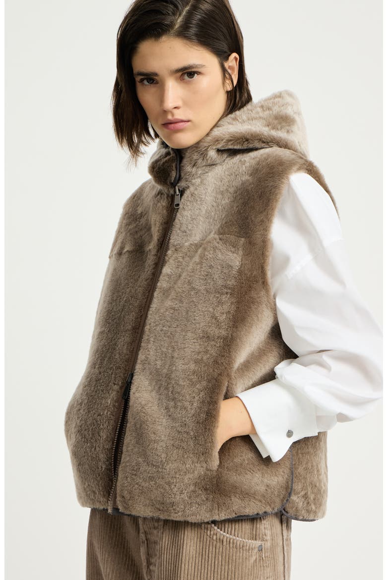Shearling reversibile vest with Thermore® padding and hood, Alternate, color, Light Brown