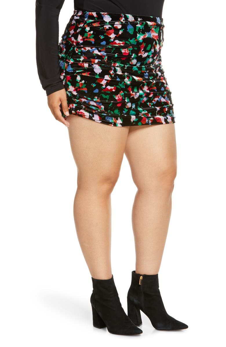 Open Edit Brushstroke Print Ruched Velour Miniskirt, Alternate, color, 