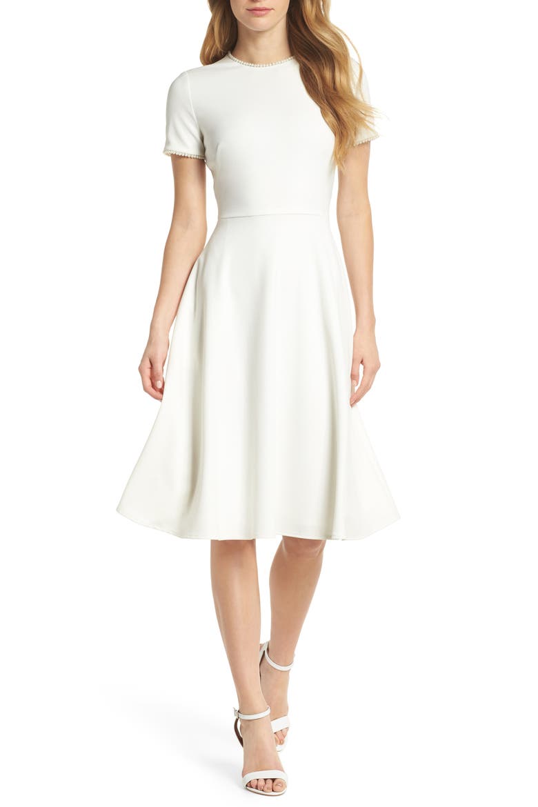Victoria Pearly Trim Fit & Flare Dress (Nordstrom Exclusive), Main, color, CREME
