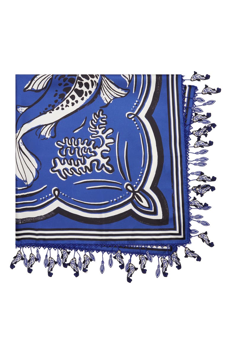 Tory Burch Fish Silk Square Scarf, Main, color, Fish Silk Square Blue