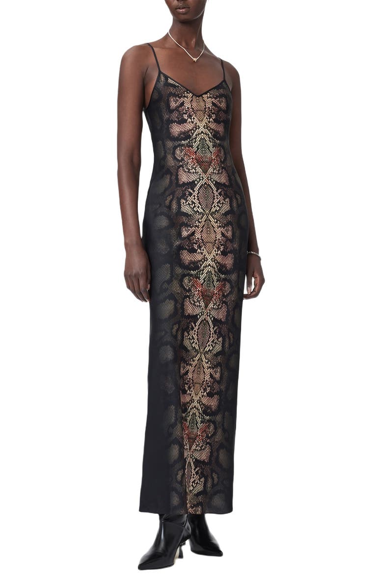 AllSaints Bryony Snakeskin Print Slipdress, Main, color, Ophis Black