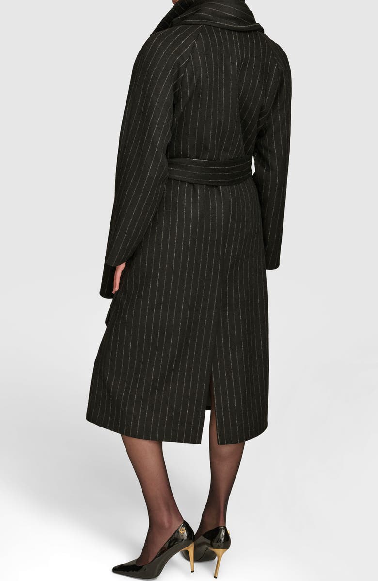 Donna Karan New York Wool Blend Coat with Scarf, Alternate, color, Black Chalkstripe
