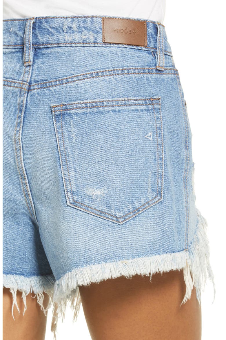 Chewed Hem High Waist Denim Shorts, Alternate, color, MEDIUM WASH