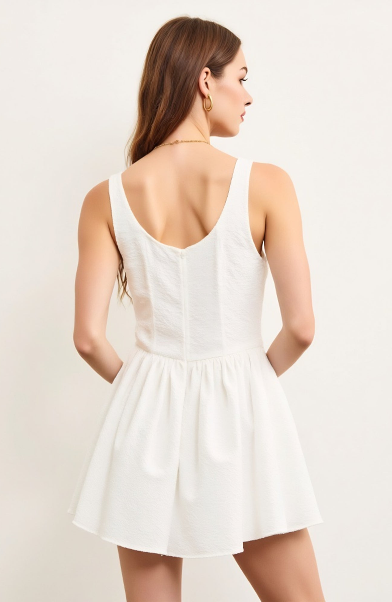 Modenaire Textured Sleeveless V-Neck Mini Dress with Flowy Drop Waist, Alternate, color, White
