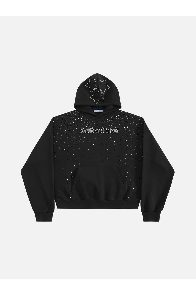 Boxy Rhinestone Star Pullover Hoodie, Main, color, Black