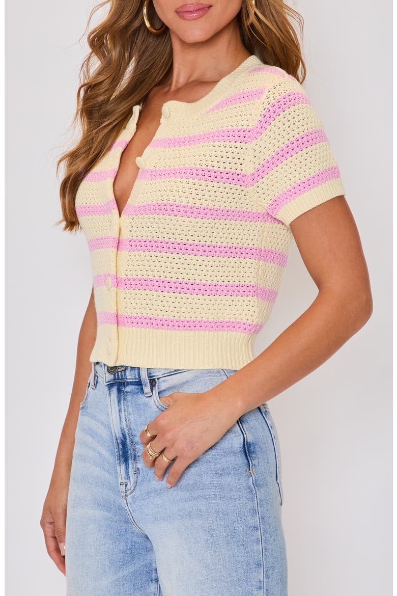 Jessica Stripe Open Stitch Short Sleeve Cardigan, Alternate, color, YELLOW/PINK