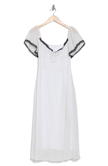 Lush Flutter Sleeve Midi Dress In White Black Dot