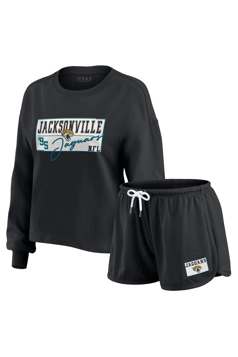 Women's WEAR by Erin Andrews Black Jacksonville Jaguars Heavy Rugby Jersey Long Sleeve T-Shirt & Shorts Lounge Set, Alternate, color, Black