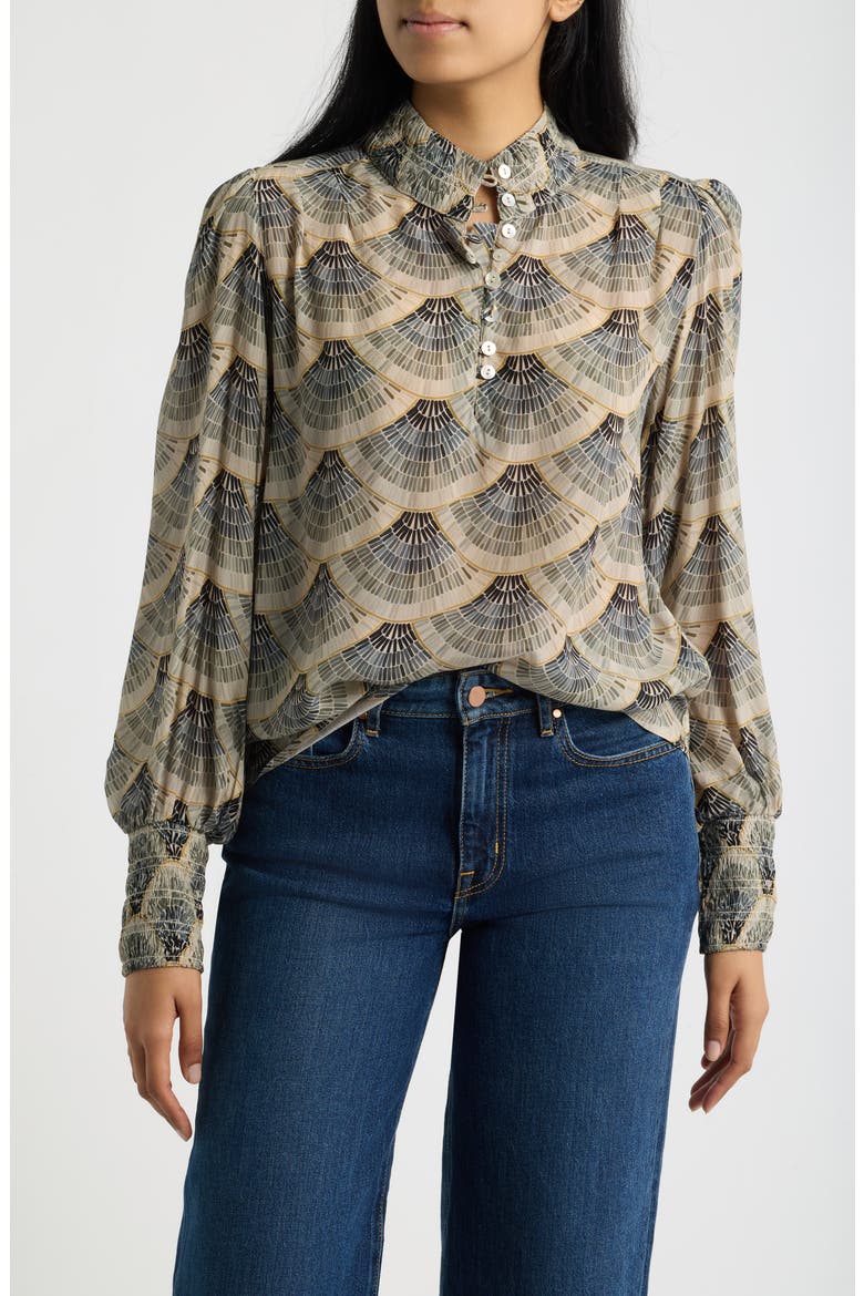 Print Smocked Cuff Long Sleeve Top, Main, color, GILDED CHARCOAL