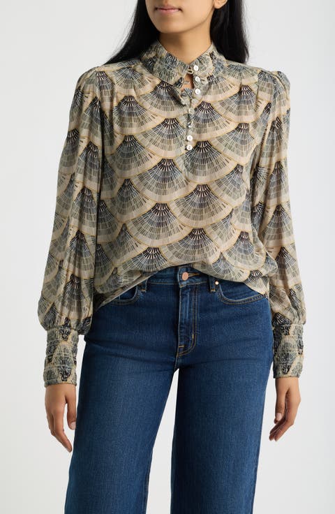 Print Smocked Cuff Long Sleeve Top