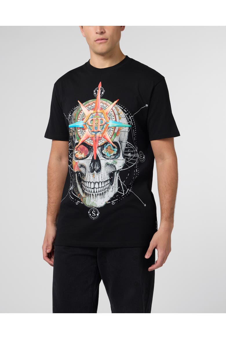 Round Neck T-Shirt Wind Rose Skull Men, Main, color, black