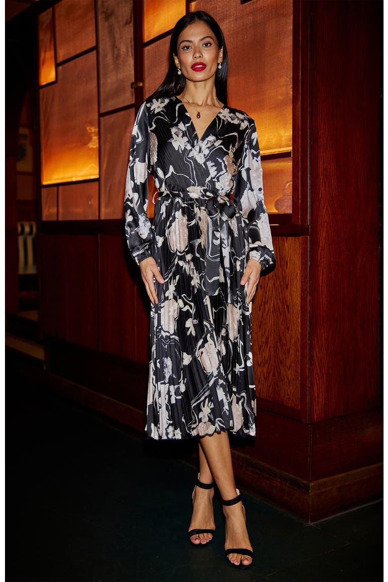 Floral Satin Long Sleeve Midi Dress, Alternate, color, Black