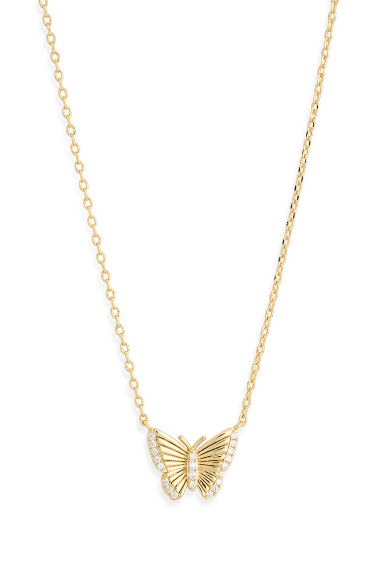 Cubic Zirconia Fluted Butterfly Pendant Necklace, Alternate, color, CLEAR- GOLD