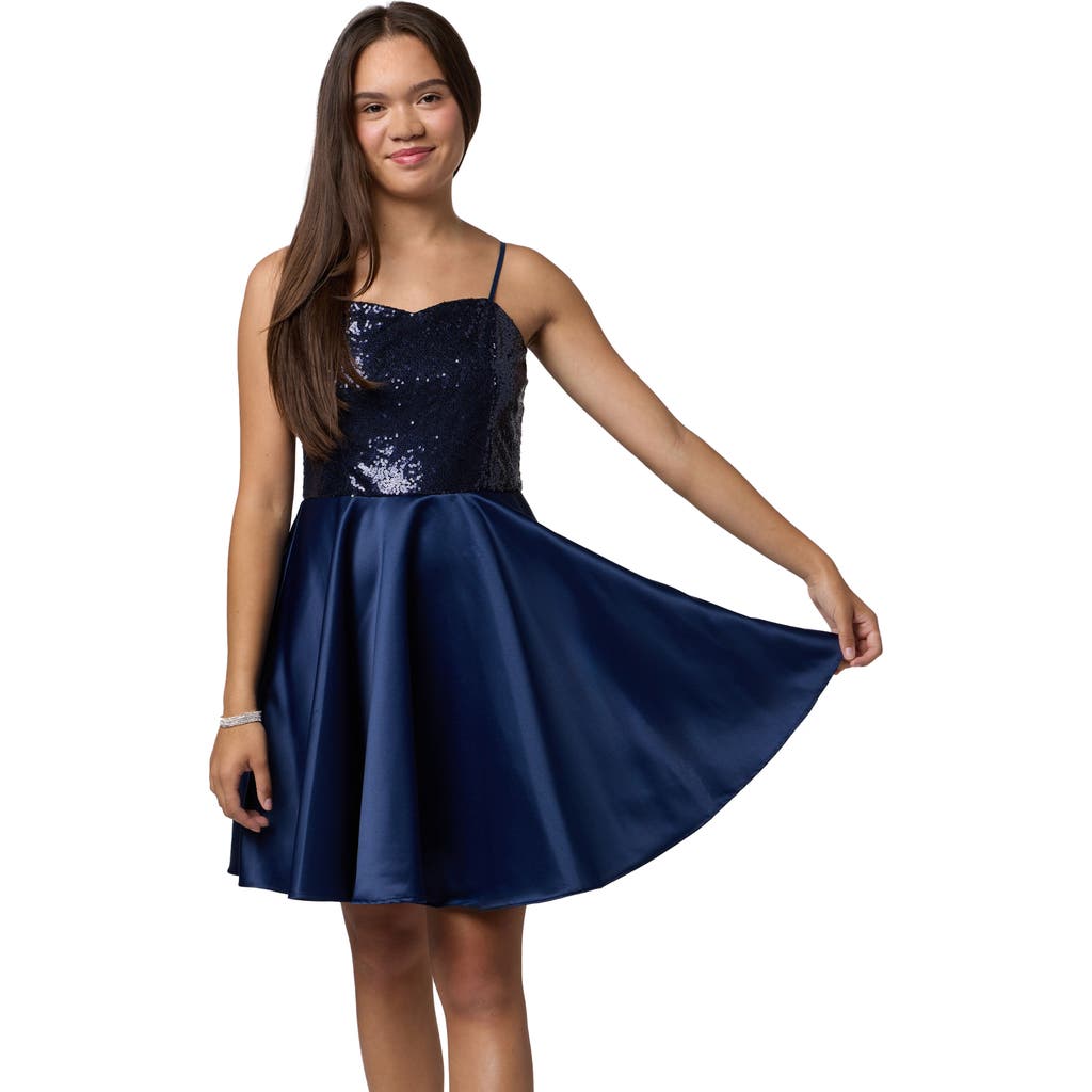Un Deux Trois Girl's Sequin & Satin Combo Dress In Blue