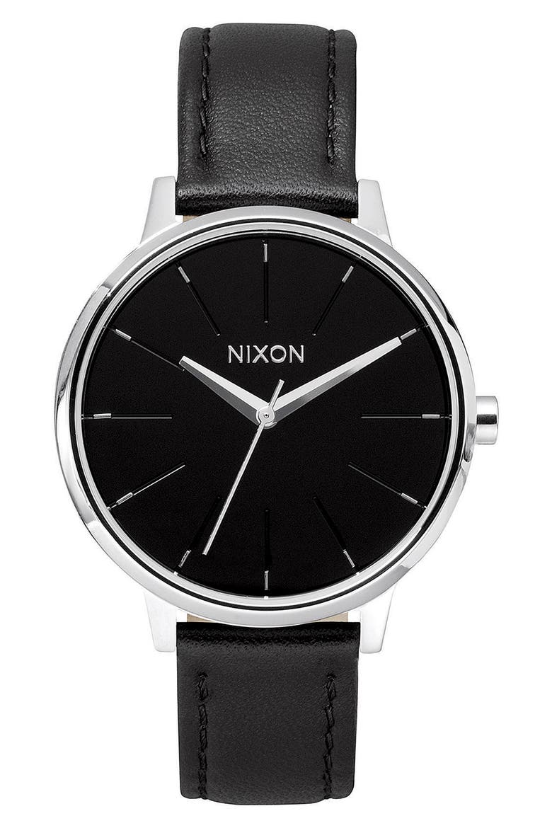 'The Kensington' Leather Strap Watch, 37mm, Main, color, BLACK/ SILVER