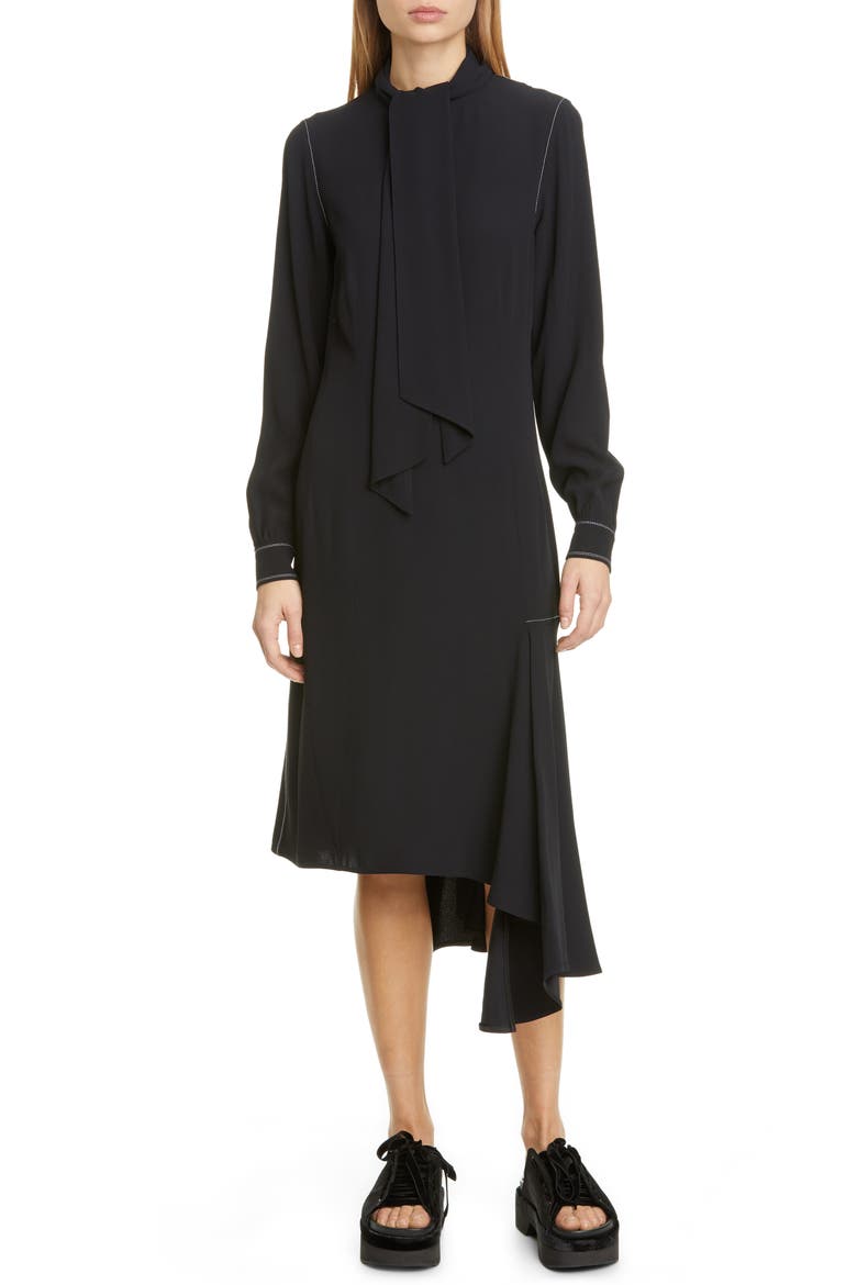 Asymmetrical Long Sleeve Satin Crepe Midi Dress, Main, color, DEEP BLUE