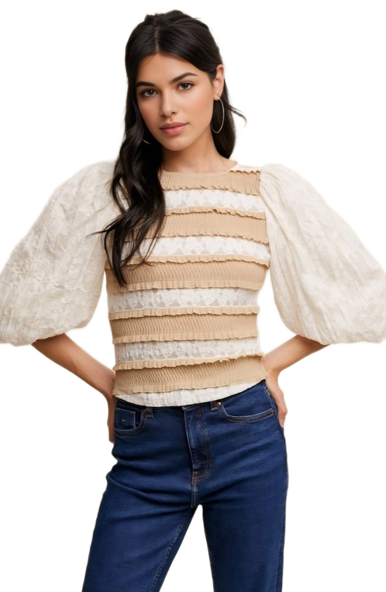 Knit and Lounge Puff Sleeve Ruffle Trim Soft Floral Pattern Top, Alternate, color, 