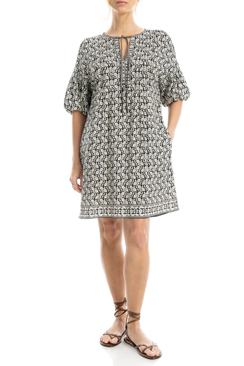 Floral Puff Sleeve Shift Dress, Main, color, BLACK/ CREAM BLOCK LEAF