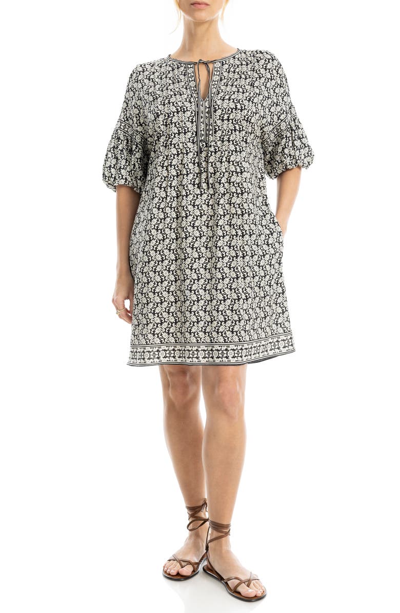 MAX STUDIO Floral Puff Sleeve Shift Dress, Main, color, Black/ Cream Block Leaf