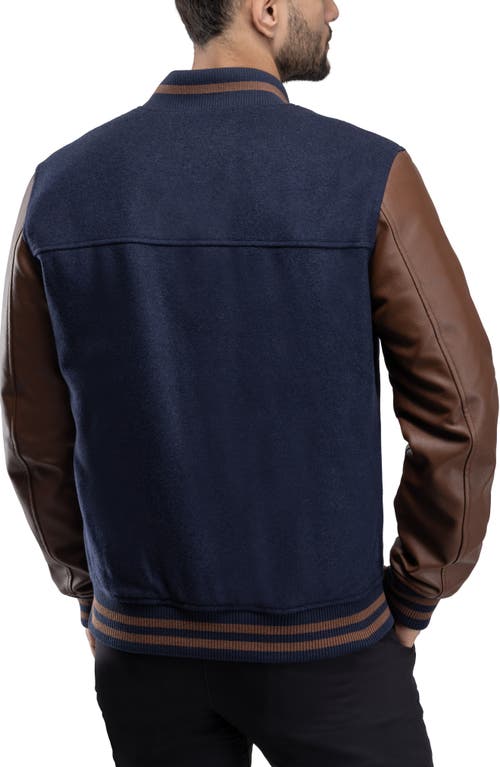 X-ray Xray Mixed Media Faux Leather Bomber Jacket In Navy/brown